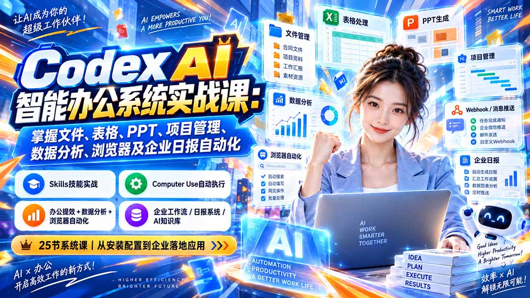 Codex AI智能办公系统实战课：掌握文件、表格、PPT、项目管理、数据分析、浏览器及企业日报自动化-小本创业副业项目推荐_零成本在家赚钱项目_中赚网