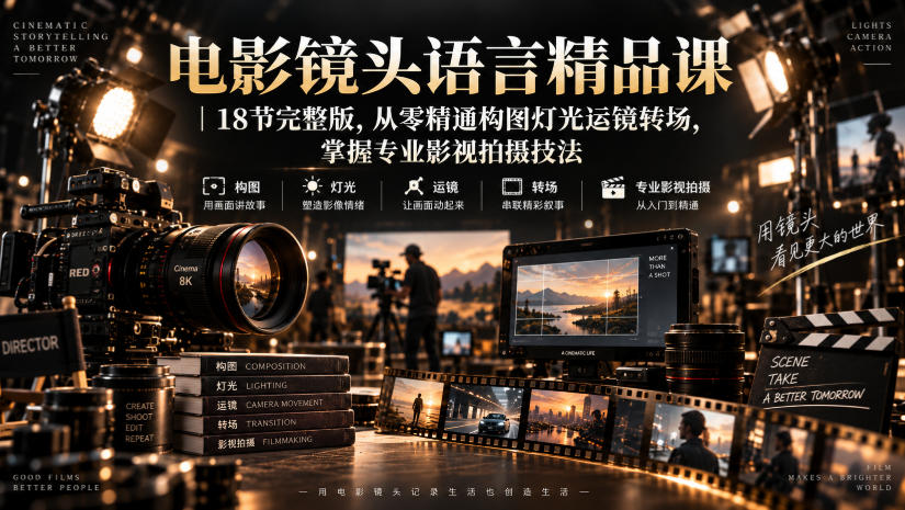 电影镜头语言精品课｜18节完整版，从零精通构图灯光运镜转场，掌握专业影视拍摄技法-小本创业副业项目推荐_零成本在家赚钱项目_中赚网