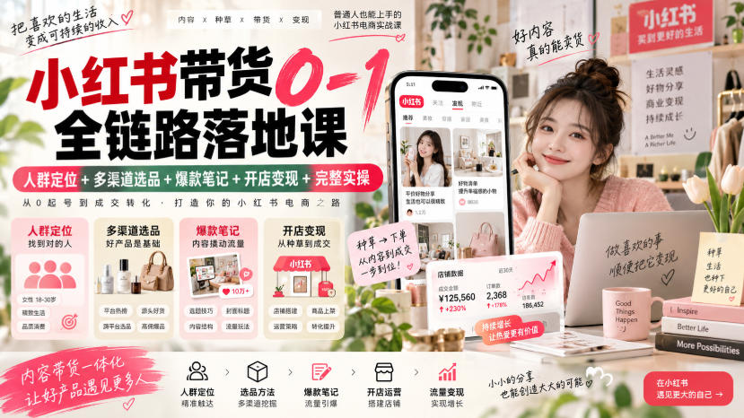 小红书带货0-1全链路落地课｜人群定位+多渠道选品+爆款笔记+开店变现完整实操-小本创业副业项目推荐_零成本在家赚钱项目_中赚网