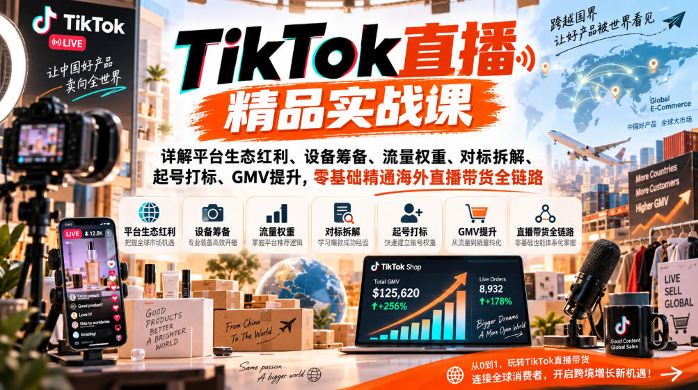 TikTok直播精品实战课，详解平台生态红利、设备筹备、流量权重、对标拆解、起号打标、GMV提升，零基础精通海外直播带货全链路-小本创业副业项目推荐_零成本在家赚钱项目_中赚网