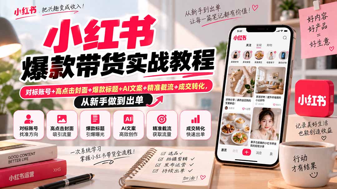 小红书爆款带货实战教程｜对标账号+高点击封面+爆款标题+AI文案+精准截流+成交转化，从新手做到出单-小本创业副业项目推荐_零成本在家赚钱项目_中赚网