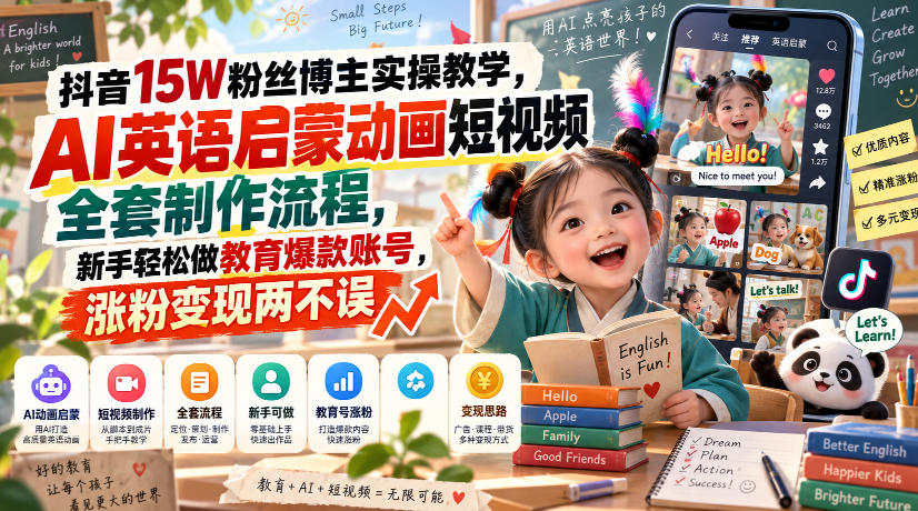 抖音15W粉丝博主实操教学，AI英语启蒙动画短视频全套制作流程，新手轻松做教育爆款账号，涨粉变现两不误-小本创业副业项目推荐_零成本在家赚钱项目_中赚网
