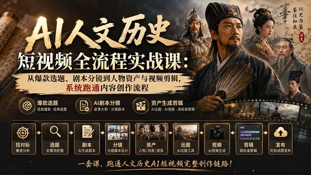 AI人文历史短视频全流程实战课-更新：从爆款选题、剧本分镜到人物资产与视频剪辑，系统跑通内容创作流程-小本创业副业项目推荐_零成本在家赚钱项目_中赚网