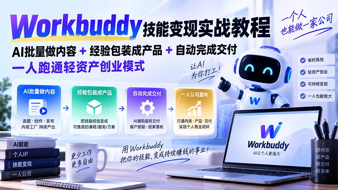 Workbuddy技能变现实战教程：AI批量做内容+经验包装成产品+自动完成交付，一人跑通轻资产创业模式-小本创业副业项目推荐_零成本在家赚钱项目_中赚网