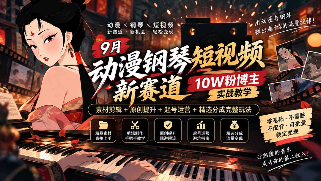 9月动漫钢琴短视频新赛道｜10W粉博主实战教学，素材剪辑+原创提升+起号运营+精选分成完整玩法-小本创业副业项目推荐_零成本在家赚钱项目_中赚网