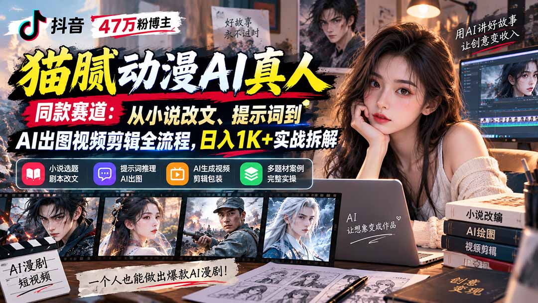 抖音47万粉博主猫腻动漫AI真人同款赛道：从小说改文、提示词到AI出图视频剪辑全流程，日入1K+实战拆解-小本创业副业项目推荐_零成本在家赚钱项目_中赚网