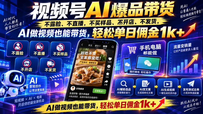 视频号Ai爆品带货，不露脸、不直播、不买样品、不开店、不发货，AI做视频也能带货，轻松单日佣金1k+-小本创业副业项目推荐_零成本在家赚钱项目_中赚网