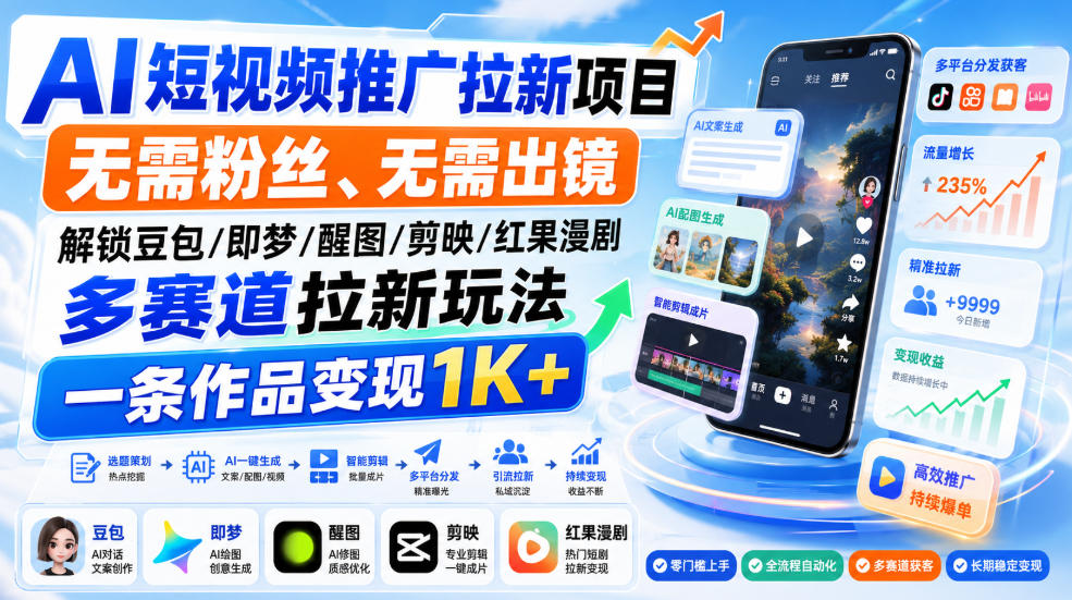 AI短视频推广拉新项目，无需粉丝、无需出镜，解锁豆包/即梦/醒图/剪映/红果漫剧多赛道拉新玩法，一条作品变现1K+(更新0918)-小本创业副业项目推荐_零成本在家赚钱项目_中赚网