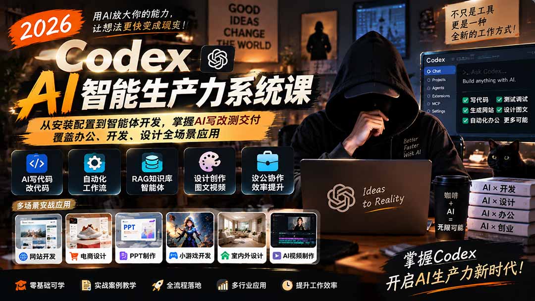 2026 Codex AI智能生产力系统课-更新｜从安装配置到智能体开发，掌握AI写改测交付，覆盖办公、开发、设计全场景应用-小本创业副业项目推荐_零成本在家赚钱项目_中赚网