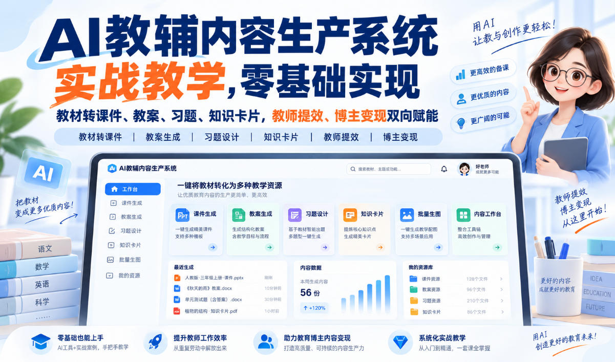 AI教辅内容生产系统实战教学，零基础实现教材转课件、教案、习题、知识卡片，教师提效、博主变现双向赋能-小本创业副业项目推荐_零成本在家赚钱项目_中赚网