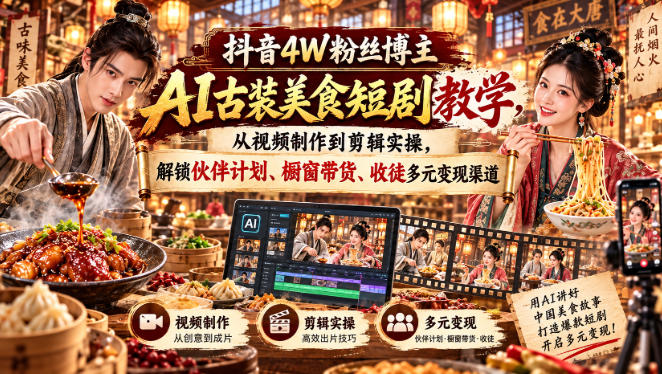 抖音4W粉丝博主AI古装美食短剧教学，从视频制作到剪辑实操，解锁伙伴计划、橱窗带货、收徒多元变现渠道-小本创业副业项目推荐_零成本在家赚钱项目_中赚网