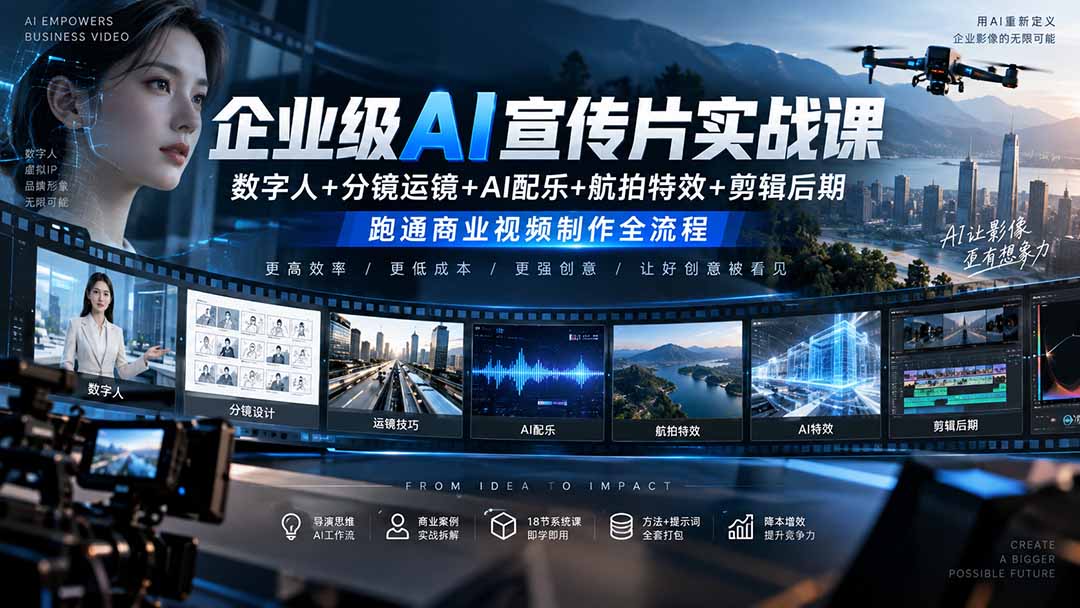 企业级AI宣传片实战课｜数字人+分镜运镜+AI配乐+航拍特效+剪辑后期，跑通商业视频制作全流程-小本创业副业项目推荐_零成本在家赚钱项目_中赚网