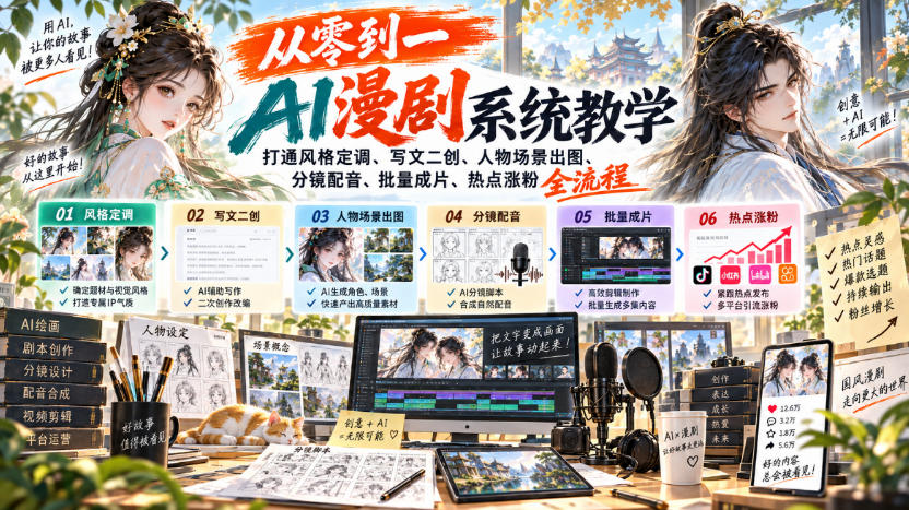 从零到一AI漫剧系统教学，打通风格定调、写文二创、人物场景出图、分镜配音、批量成片、热点涨粉全流程-小本创业副业项目推荐_零成本在家赚钱项目_中赚网