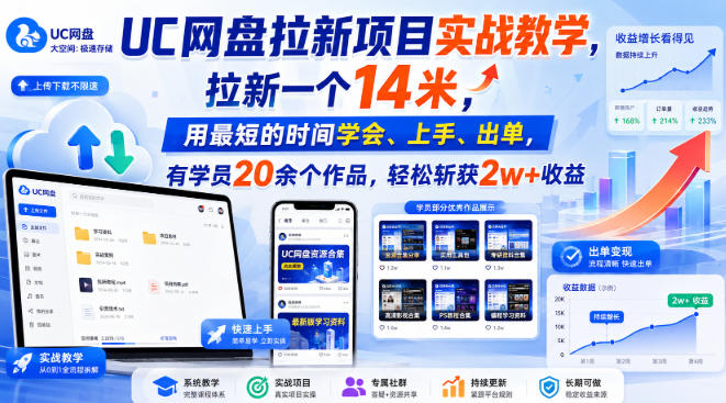 UC网盘拉新项目实战教学，拉新一个14米，用最短的时间学会、上手、出单，有学员20余个作品，轻松斩获2w+收益(更新0921)-小本创业副业项目推荐_零成本在家赚钱项目_中赚网