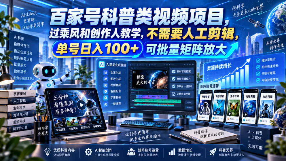 百家号科普类视频项目，过乘风和创作人教学，不需要人工剪辑，单号日入100+可批量矩阵放大-小本创业副业项目推荐_零成本在家赚钱项目_中赚网