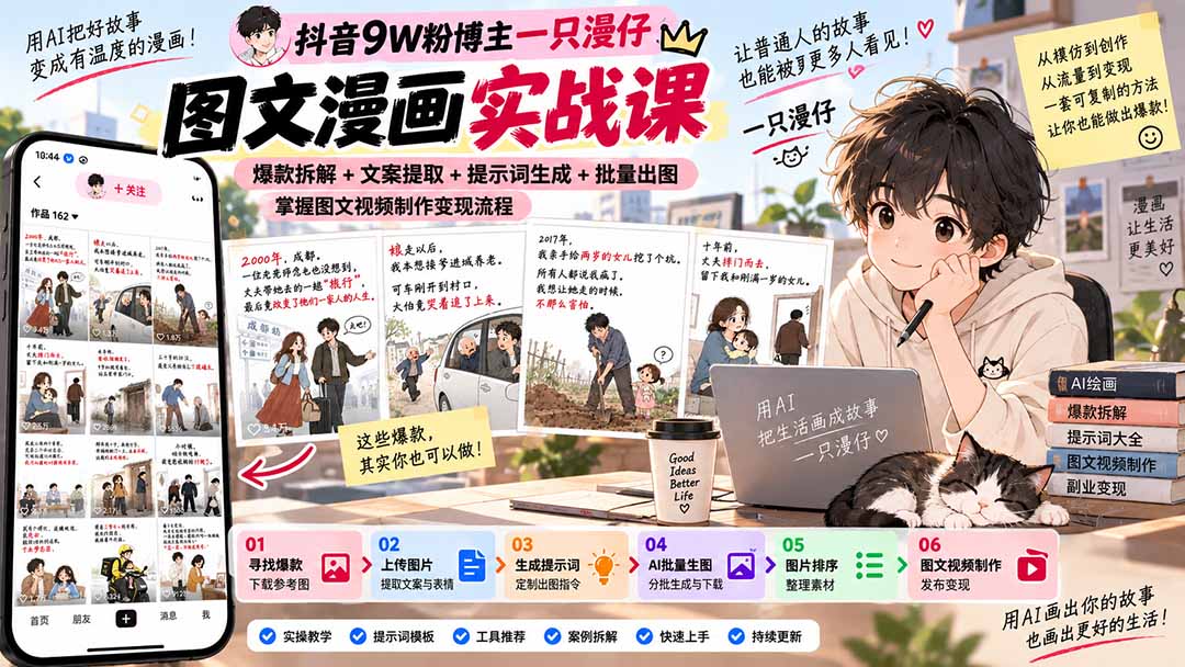 抖音9W粉博主一只漫仔图文漫画课：爆款拆解+文案提取+提示词生成+批量出图，掌握图文视频制作变现流程-小本创业副业项目推荐_零成本在家赚钱项目_中赚网