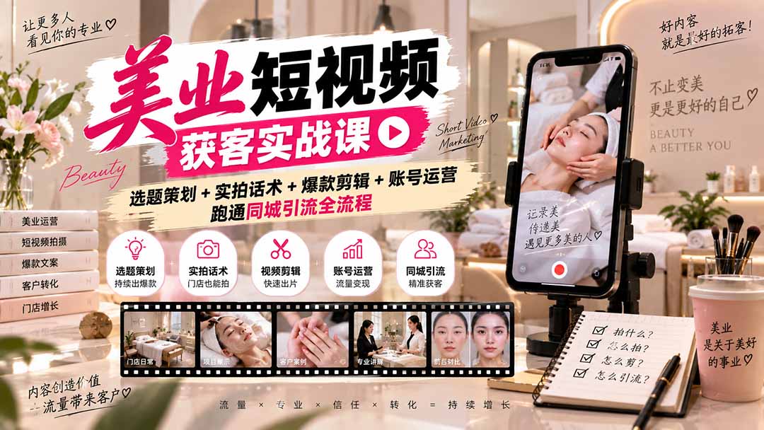美业短视频获客实战课-无水印：选题策划+实拍话术+爆款剪辑+账号运营，跑通同城引流全流程-小本创业副业项目推荐_零成本在家赚钱项目_中赚网