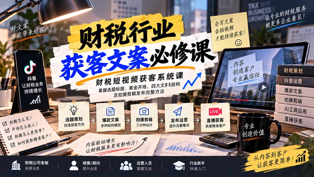 财税短视频获客系统课：掌握选题标题、黄金开场、四大文案结构及拍摄剪辑发布完整方法-小本创业副业项目推荐_零成本在家赚钱项目_中赚网