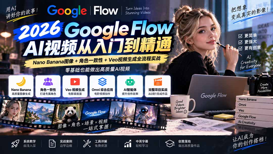 【无水印】Google Flow AI视频从入门到精通：Nano Banana图像+角色一致性+Veo视频生成全流程实战-精翻中英字幕-小本创业副业项目推荐_零成本在家赚钱项目_中赚网