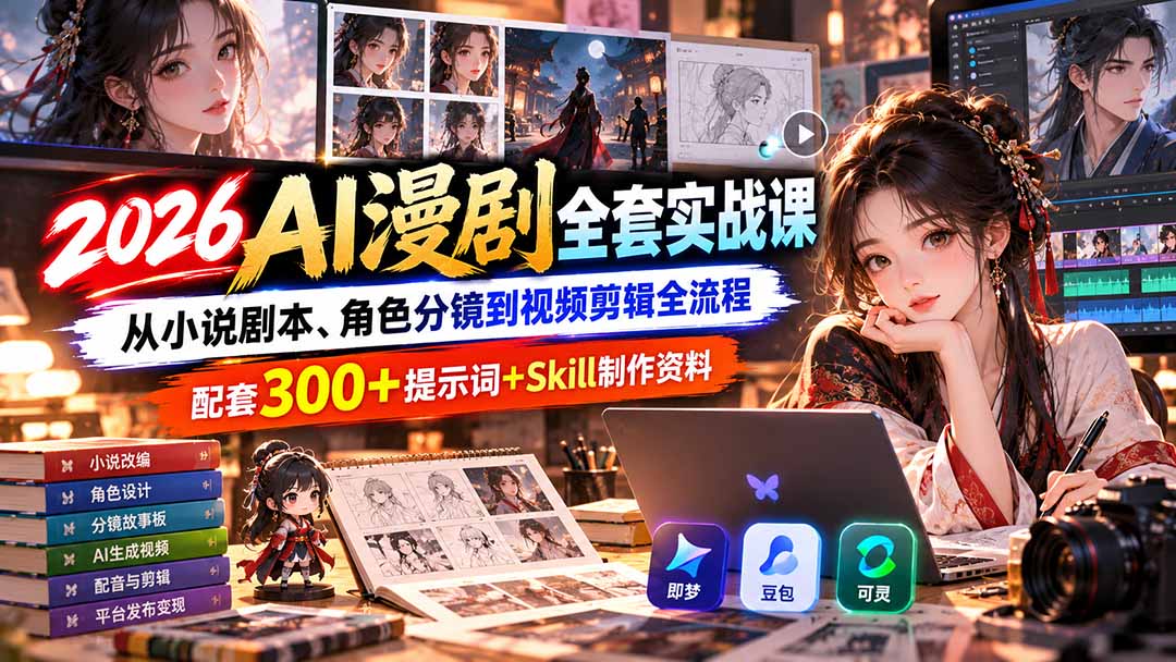 【无水印】2026AI漫剧全套实战课：从小说剧本、角色分镜到视频剪辑全流程，配套300+提示词+Skill制作资料-小本创业副业项目推荐_零成本在家赚钱项目_中赚网