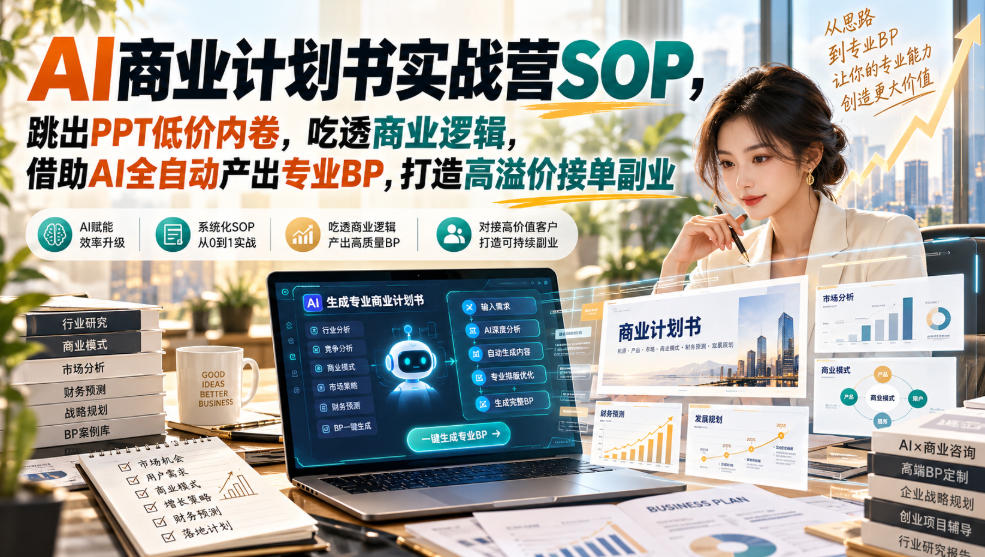 AI商业计划书实战营SOP，跳出PPT低价内卷，吃透商业逻辑，借助AI全自动产出专业BP，打造高溢价接单副业-小本创业副业项目推荐_零成本在家赚钱项目_中赚网