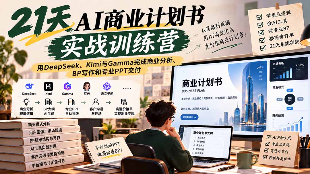 【无水印】21天AI商业计划书实战训练营：用DeepSeek、Kimi与Gamma完成商业分析、BP写作和专业PPT交付-小本创业副业项目推荐_零成本在家赚钱项目_中赚网