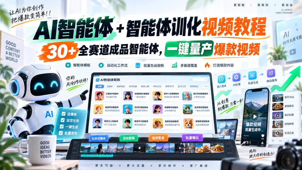 【无水印】AI智能体+智能体训化视频教程，30+全赛道成品智能体，一键量产爆款视频【更新】-小本创业副业项目推荐_零成本在家赚钱项目_中赚网