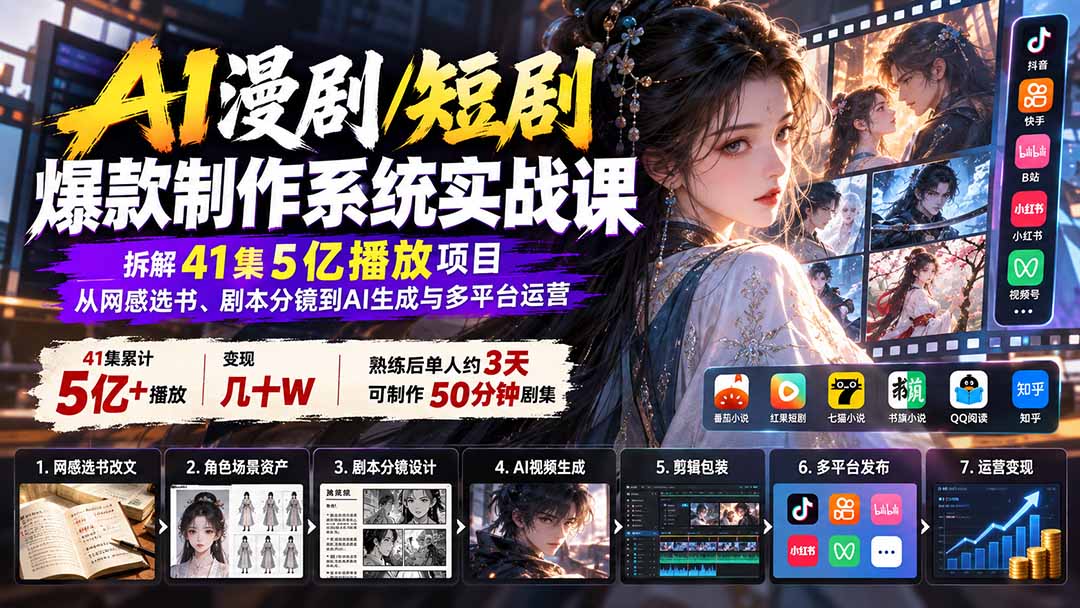 AI漫剧/短剧爆款制作系统实战课：拆解41集5亿播放项目，从网感选书、剧本分镜到AI生成与多平台运营-小本创业副业项目推荐_零成本在家赚钱项目_中赚网