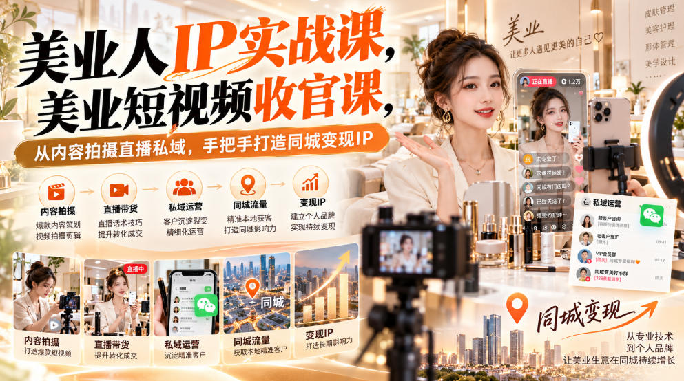 【无水印】美业人IP实战课，美业短视频收官课，从内容拍摄直播私域，手把手打造同城变现IP-小本创业副业项目推荐_零成本在家赚钱项目_中赚网
