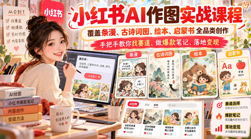 小红书AI作图实战课程，覆盖条漫、古诗词图、绘本、启蒙书全品类创作，手把手教你找赛道、做爆款笔记、落地变现-小本创业副业项目推荐_零成本在家赚钱项目_中赚网