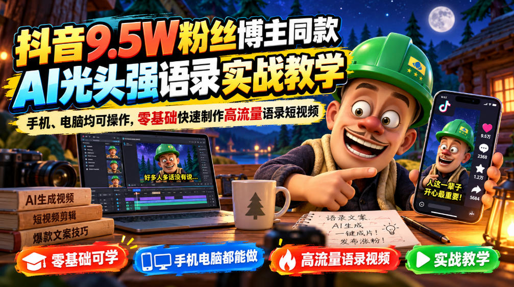 抖音9.5W粉丝博主同款AI光头强语录实战教学，手机、电脑均可操作，零基础快速制作高流量语录短视频-小本创业副业项目推荐_零成本在家赚钱项目_中赚网