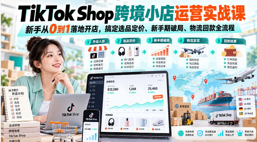 TikTok Shop跨境小店运营实战课，新手从0到1落地开店，搞定选品定价、新手期破局、物流回款全流程-小本创业副业项目推荐_零成本在家赚钱项目_中赚网
