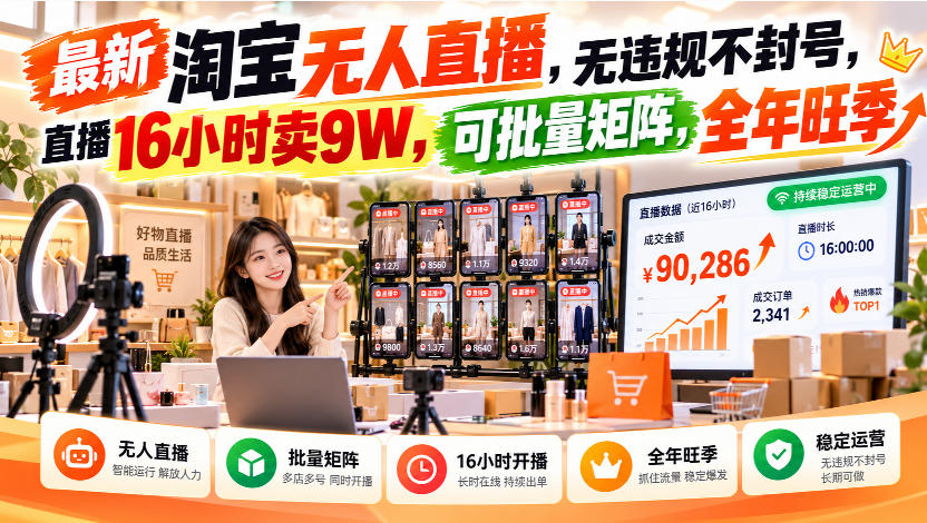 最新淘宝无人直播，无违规不封号，直播16小时卖9W，可批量矩阵，全年旺季【揭秘】-小本创业副业项目推荐_零成本在家赚钱项目_中赚网