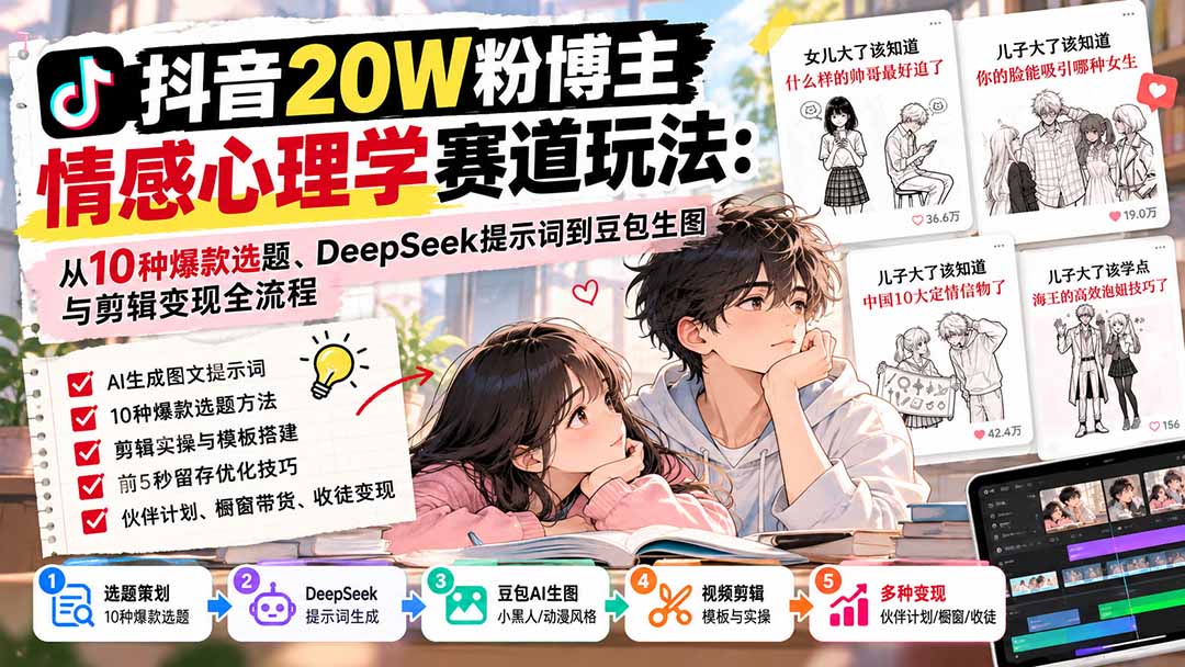 抖音20W粉博主-情感心理学赛道玩法：从10种爆款选题、DeepSeek提示词到豆包生图与剪辑变现全流程-小本创业副业项目推荐_零成本在家赚钱项目_中赚网