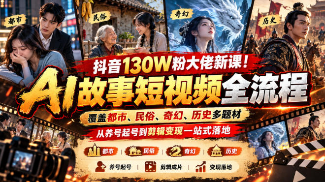 抖音130W粉大佬新课！AI故事短视频全流程，覆盖都市、民俗、奇幻、历史多题材，从养号起号到剪辑变现一站式落地-小本创业副业项目推荐_零成本在家赚钱项目_中赚网