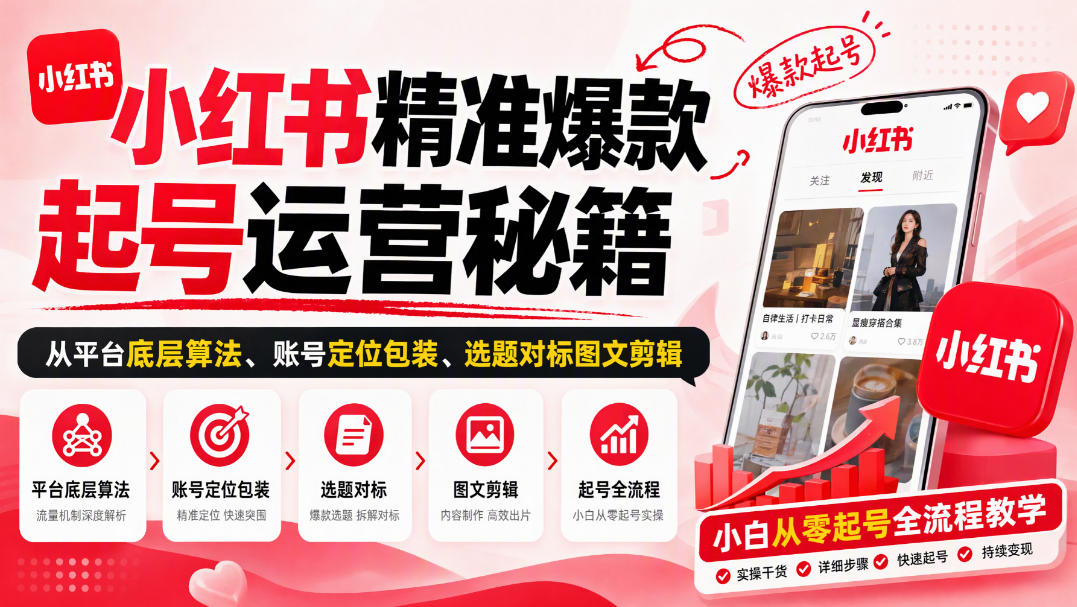 小红书精准爆款起号运营秘籍，从平台底层算法、账号定位包装、选题对标图文剪辑，小白从零起号全流程-小本创业副业项目推荐_零成本在家赚钱项目_中赚网