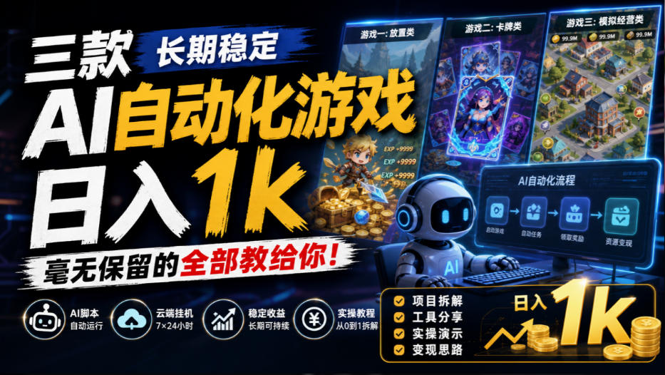 三款长期稳定AI自动化游戏，日入1k，毫无保留的全部教给你！【揭秘】-小本创业副业项目推荐_零成本在家赚钱项目_中赚网