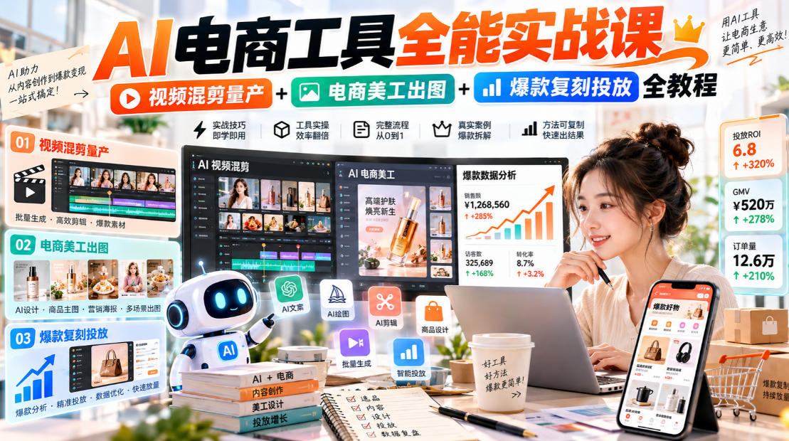 AI电商工具全能实战教学，视频混剪量产+电商美工出图+爆款复刻投放全教程​-小本创业副业项目推荐_零成本在家赚钱项目_中赚网