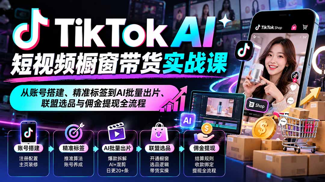 TikTok AI短视频橱窗带货实战课：从账号搭建、精准标签到AI批量出片、联盟选品与佣金提现全流程-小本创业副业项目推荐_零成本在家赚钱项目_中赚网