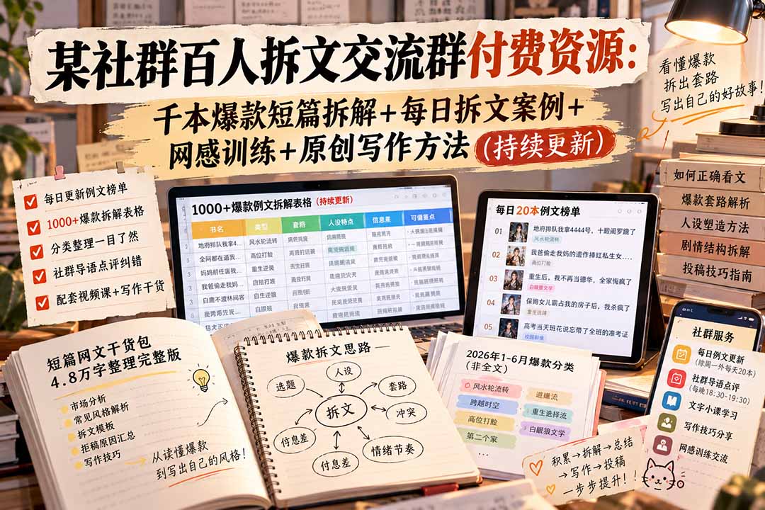 某社群百人拆文交流群付费资源-更新0929：千本爆款短篇拆解+每日拆文案例+网感训练+原创写作方法-小本创业副业项目推荐_零成本在家赚钱项目_中赚网