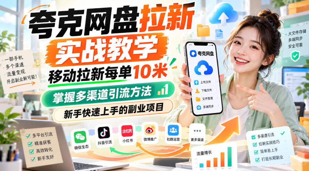 夸克网盘拉新实战教学，移动拉新每单10米，掌握多渠道引流方法，新手快速上手的副业项目(更新0929)-小本创业副业项目推荐_零成本在家赚钱项目_中赚网