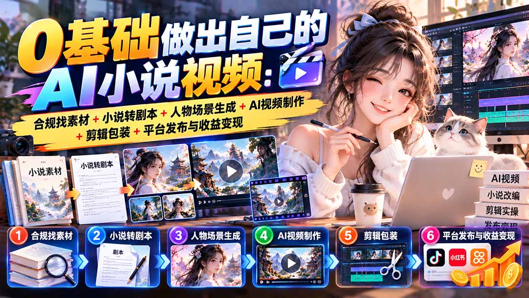 0基础做出自己的AI小说视频：合规找素材+小说转剧本+人物场景生成+AI视频制作+剪辑包装+平台发布与收益变现-小本创业副业项目推荐_零成本在家赚钱项目_中赚网