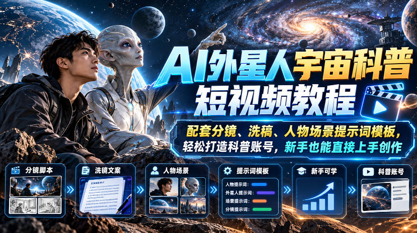 AI外星人宇宙科普短视频教程，配套分镜、洗稿、人物场景提示词模板，轻松打造科普账号，新手也能直接上手创作-小本创业副业项目推荐_零成本在家赚钱项目_中赚网