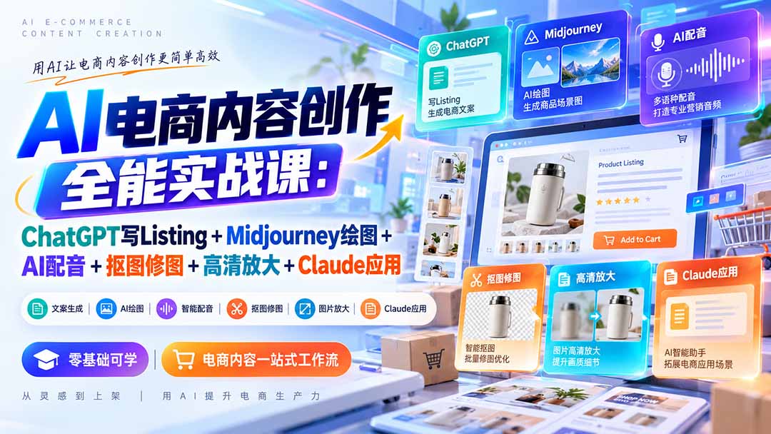 【无水印】AI电商内容创作全能实战课：ChatGPT写Listing+Midjourney绘图+AI配音+抠图修图+高清放大+Claude应用-小本创业副业项目推荐_零成本在家赚钱项目_中赚网