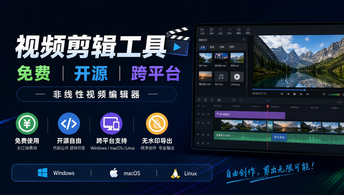 视频剪辑工具，免费、开源、跨平台，非线性视频编辑器，支持Windows、macOS、Linux，无水印、无订阅费用-小本创业副业项目推荐_零成本在家赚钱项目_中赚网