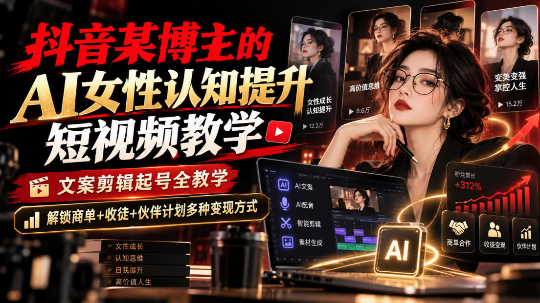 抖音某博主的Ai女性认知提升短视频教学，文案剪辑起号全教学，解锁商单+收徒+伙伴计划多种变现方式-小本创业副业项目推荐_零成本在家赚钱项目_中赚网