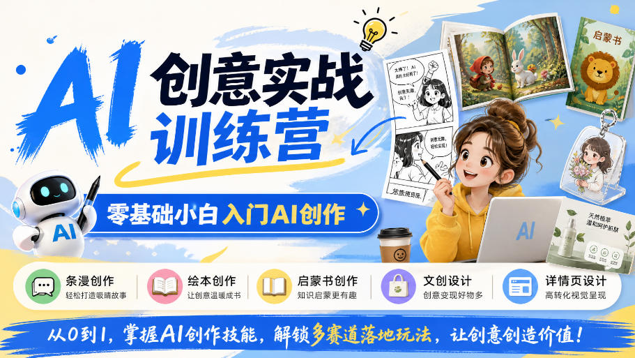 AI创意实战训练营，零基础小白入门AI创作，解锁条漫、绘本、启蒙书、文创、详情页多赛道落地玩法-小本创业副业项目推荐_零成本在家赚钱项目_中赚网