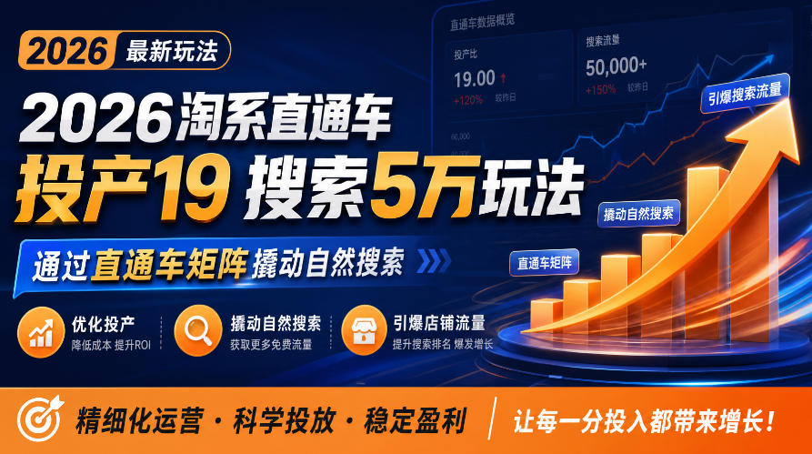 2026淘系直通车投产19搜索5万玩法，通过直通车矩阵撬动自然搜索，帮助商家优化投产，引爆店铺搜索流量-小本创业副业项目推荐_零成本在家赚钱项目_中赚网