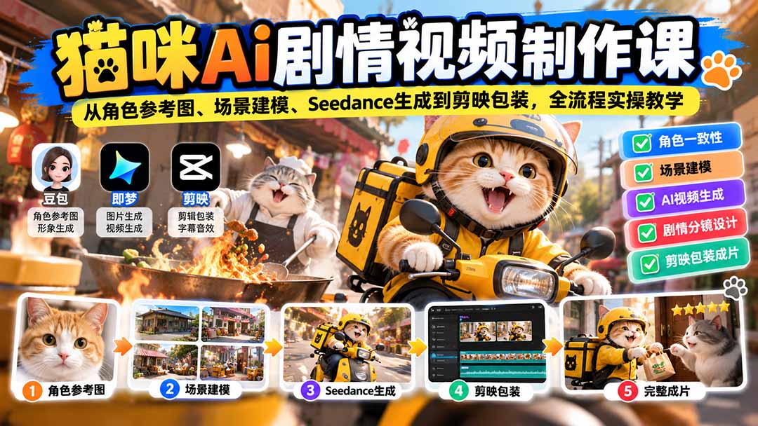 猫咪AI剧情视频制作课：从角色参考图、场景建模、Seedance生成到剪映包装，全流程实操教学-小本创业副业项目推荐_零成本在家赚钱项目_中赚网