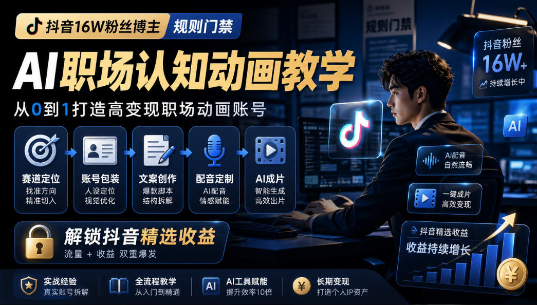 抖音16W粉丝博主规则门禁的AI职场认知动画教学，从赛道定位、账号包装，到文案创作、配音定制、AI成片，解锁抖音精选收益-小本创业副业项目推荐_零成本在家赚钱项目_中赚网